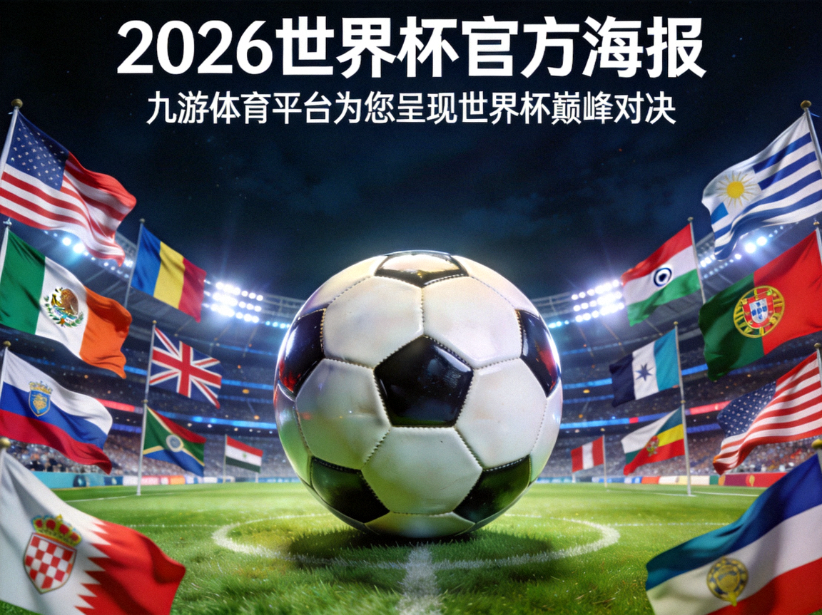 2026世界杯官方海报全景展示，球场中央摆放着比赛用球，周围环绕各国旗帜，九游体育平台为您呈现世界杯巅峰对决