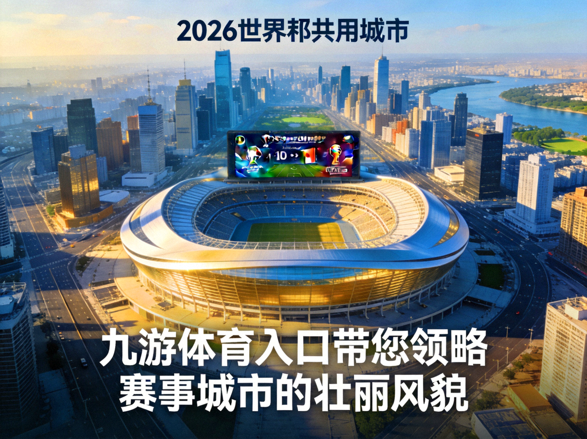 2026世界杯主办城市鸟瞰全景，现代化体育场与城市天际线交相辉映，九游体育入口带您领略赛事城市的壮丽风貌